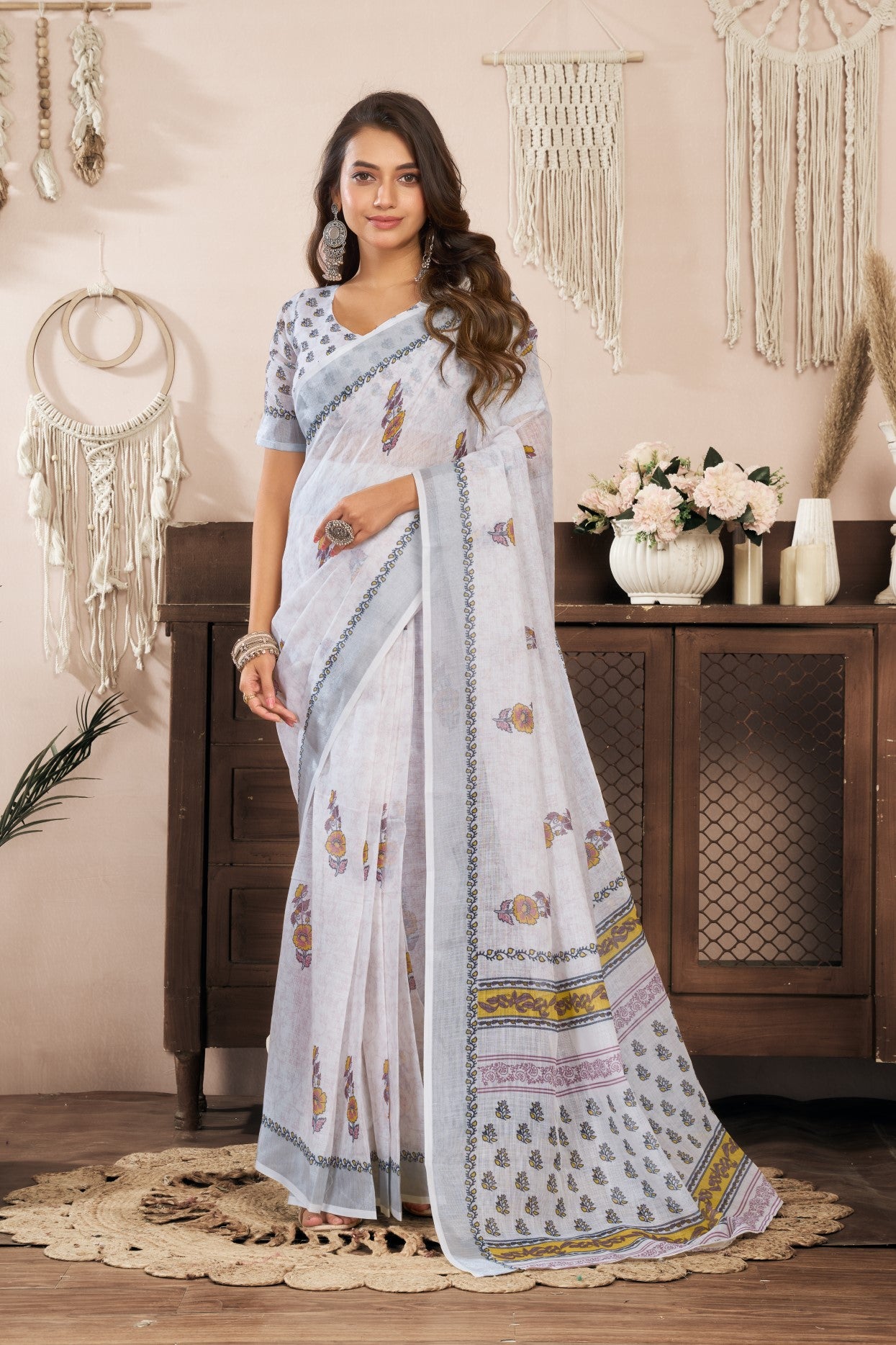 White Linen Ready To Wear Saree With Zari Border Printed