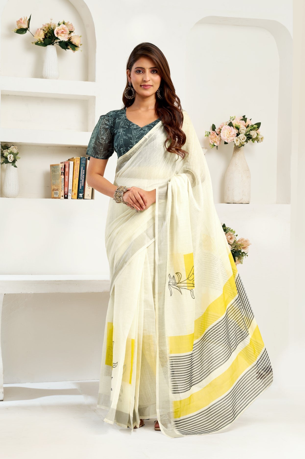 White Linen Ready To Wear Saree With Zari Border Printed