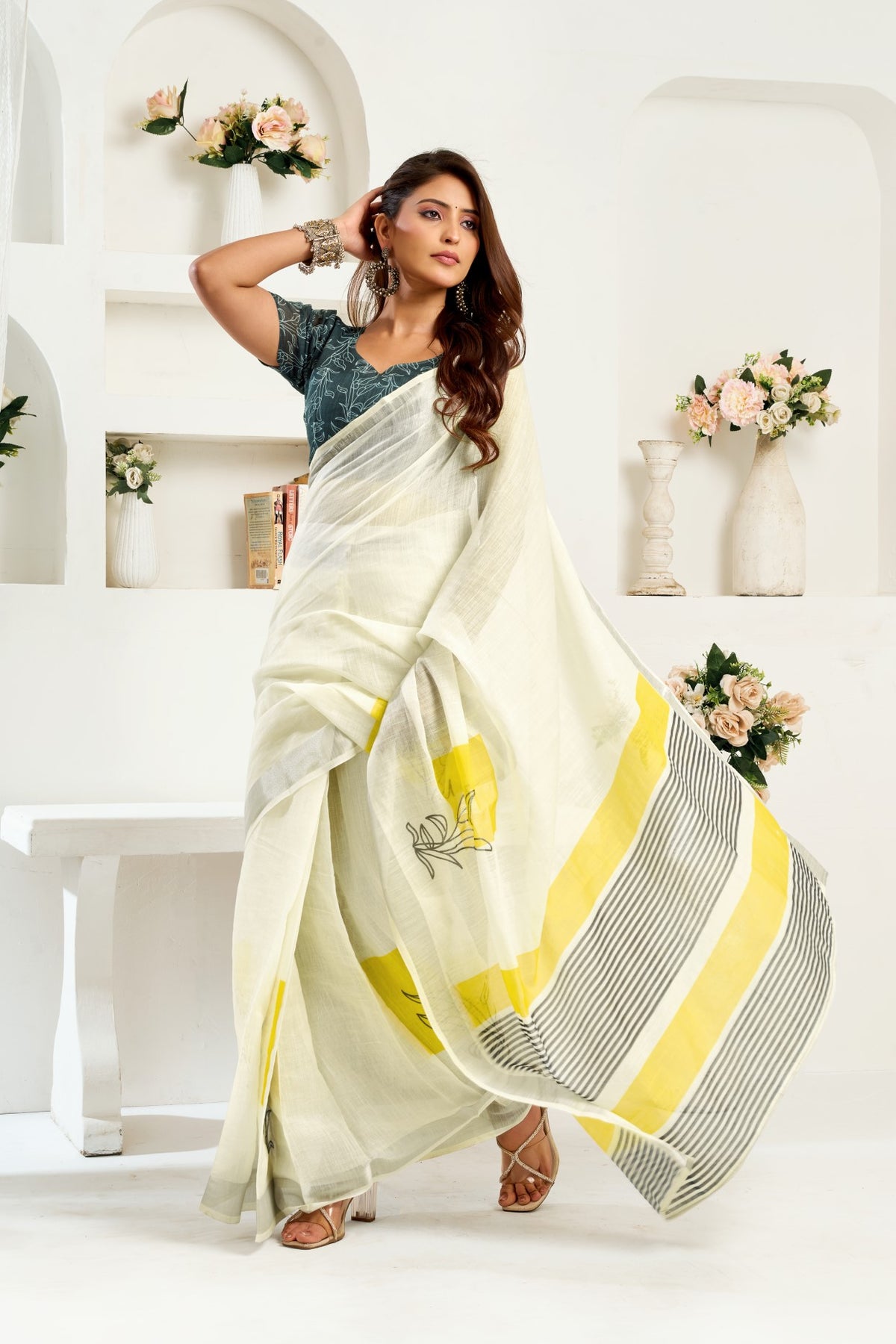 White Linen Ready To Wear Saree With Zari Border Printed