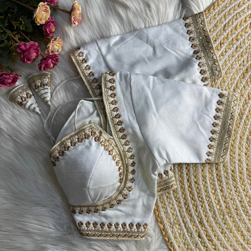 White Luxe Bridal Masaba-Inspired Italian Silk Blouse with Embroidery & Sequins