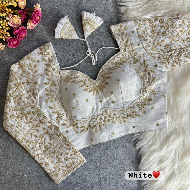 White Madhubala Vichitra Silk Blouse With Embroidery & Sequins Work