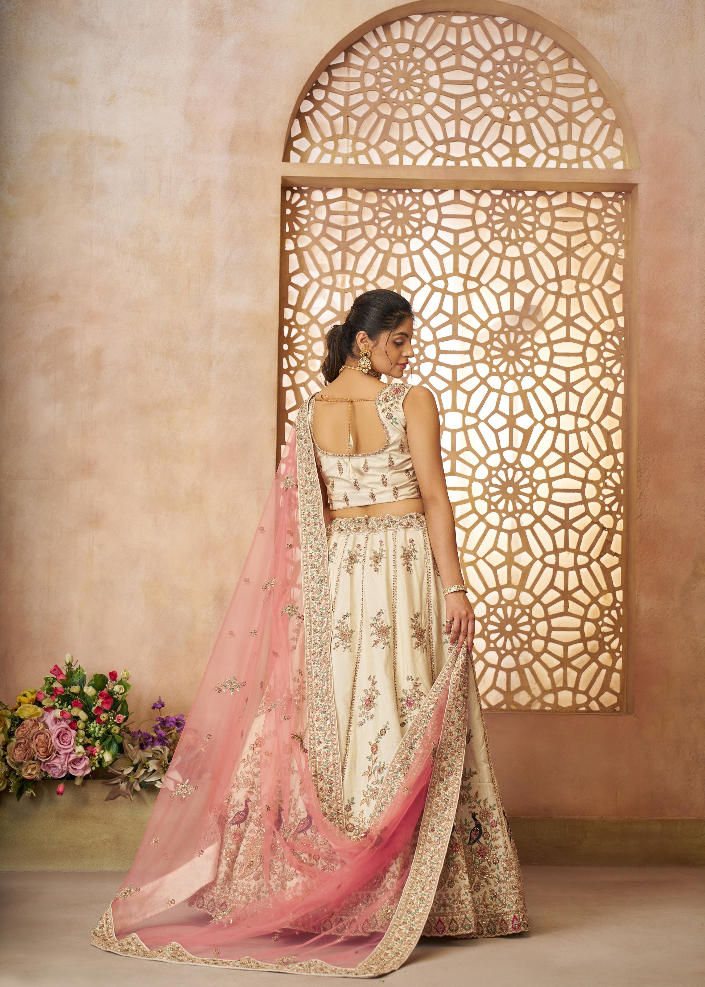 White Modern Zari Silk Fabric With Sequins and Thread Embroidery Work