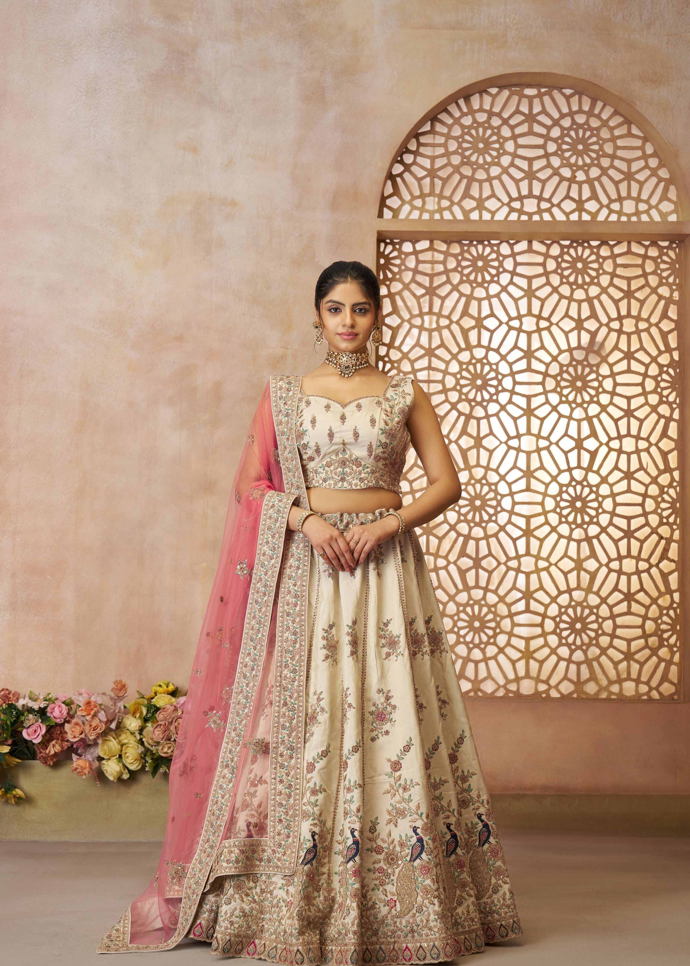 White Modern Zari Silk Fabric With Sequins and Thread Embroidery Work