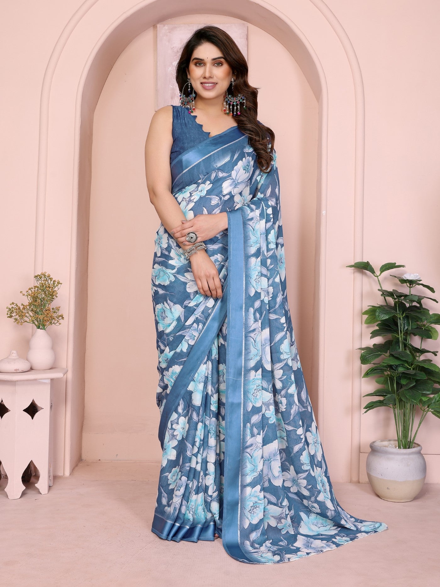 White Multi Georgette Saree With Digital Print And Mirror Work