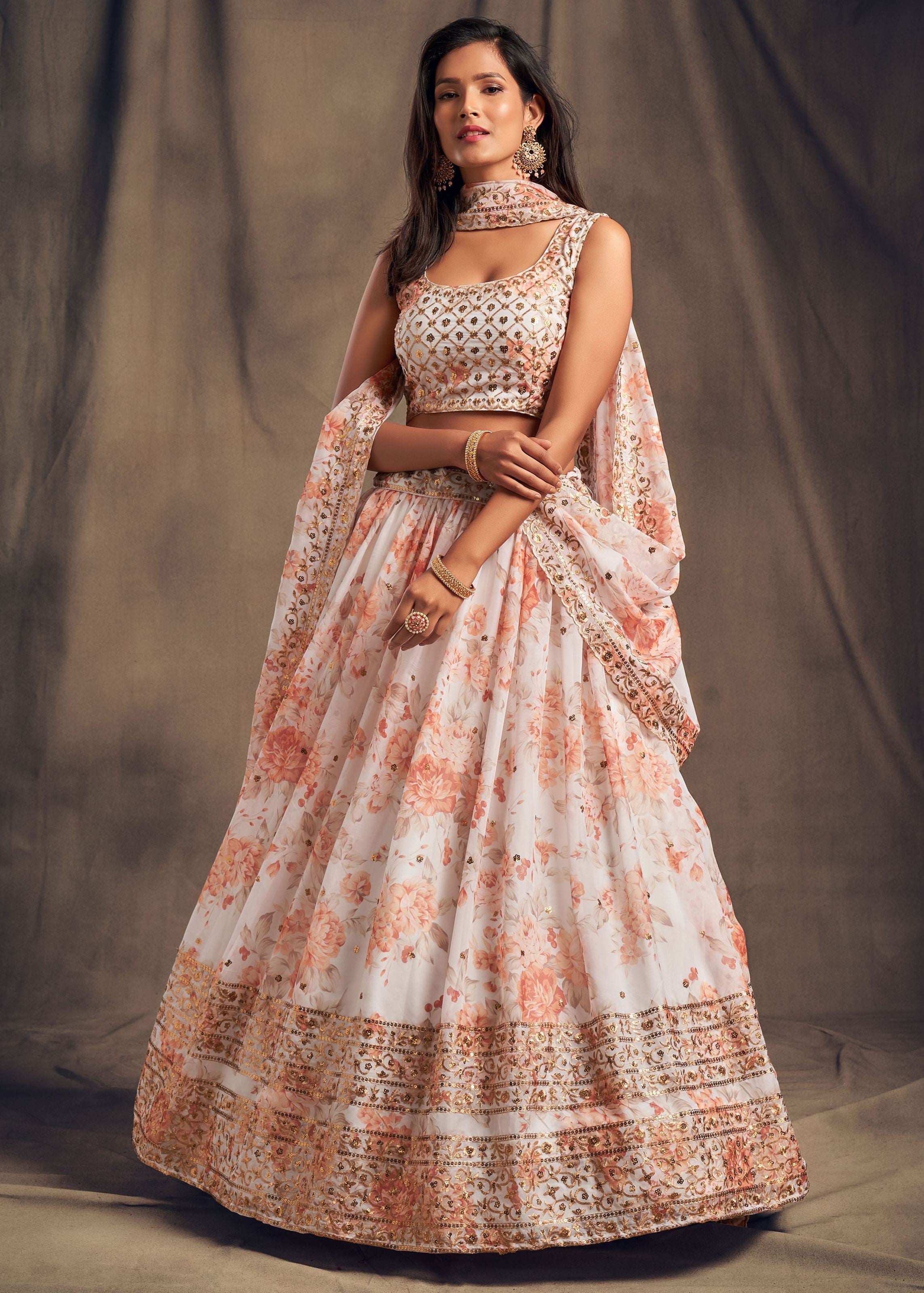 White Organza Lehenga Choli With Sequins Zari Embroidery Work