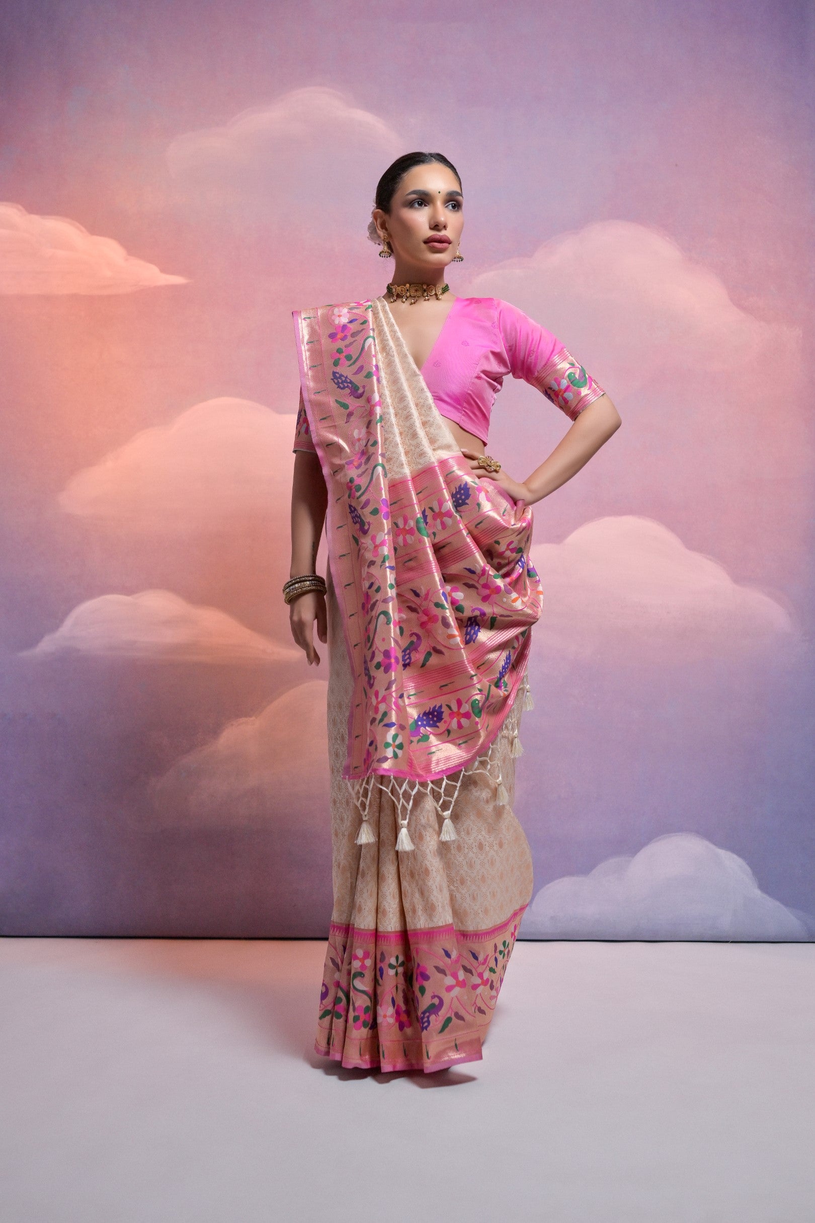 White Paithani Silk Saree with Meenakari Border and Zari Weaves