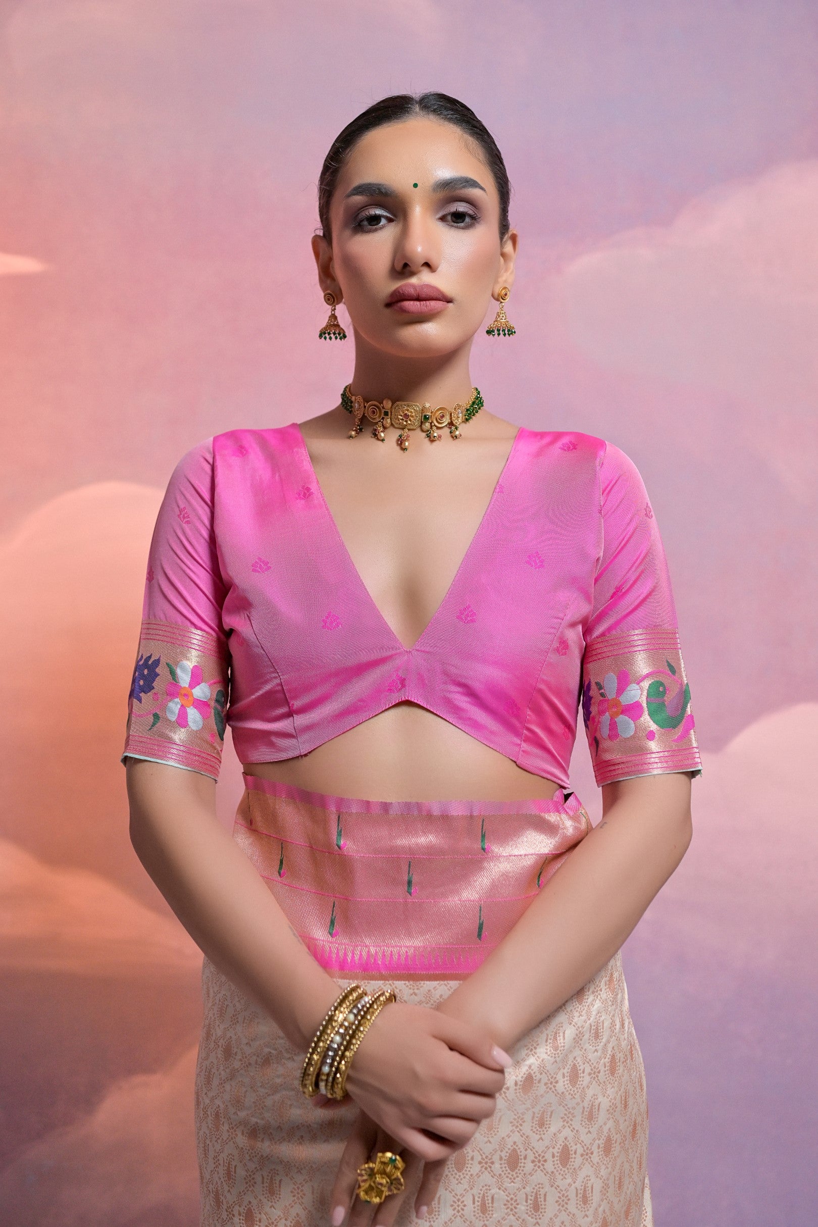 White Paithani Silk Saree with Meenakari Border and Zari Weaves