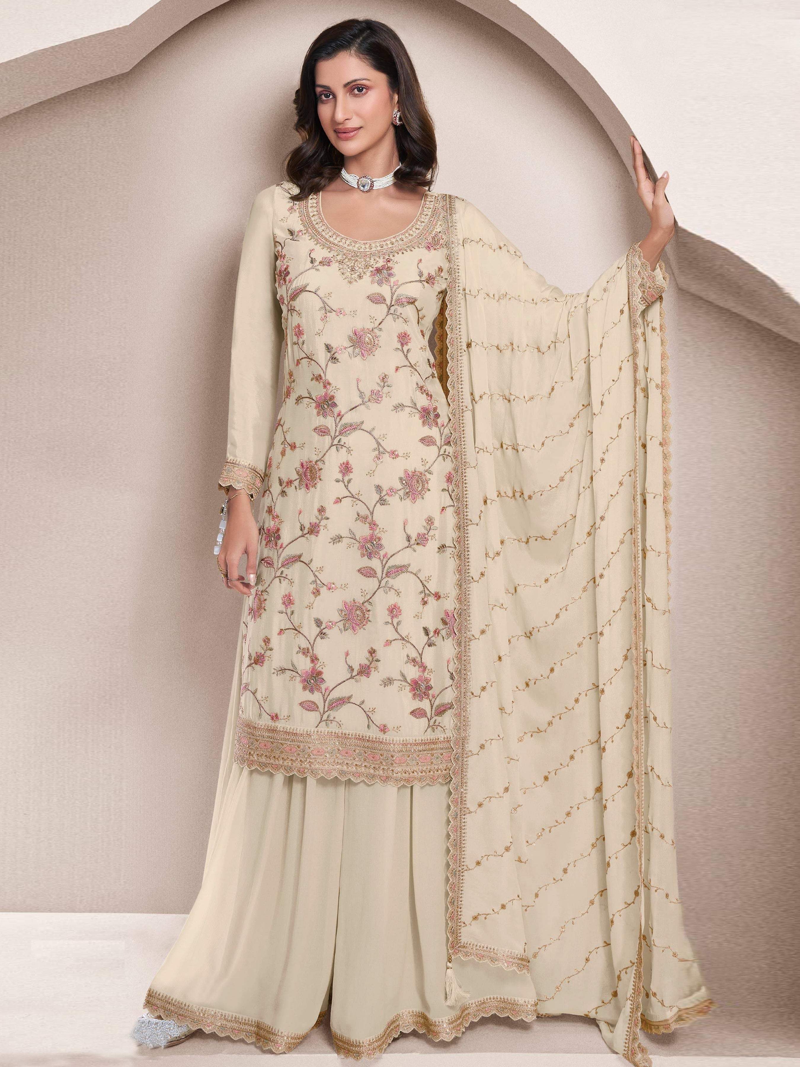 White Palazzo Style Salwar Suit With Heavy Embroidery Work