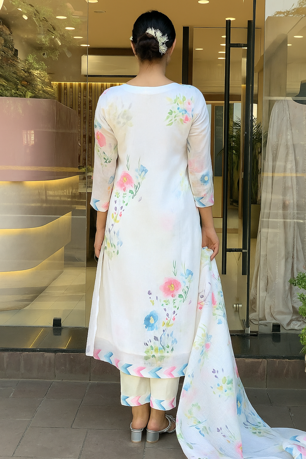 White Pure Linen Kurta Pant Set Printed