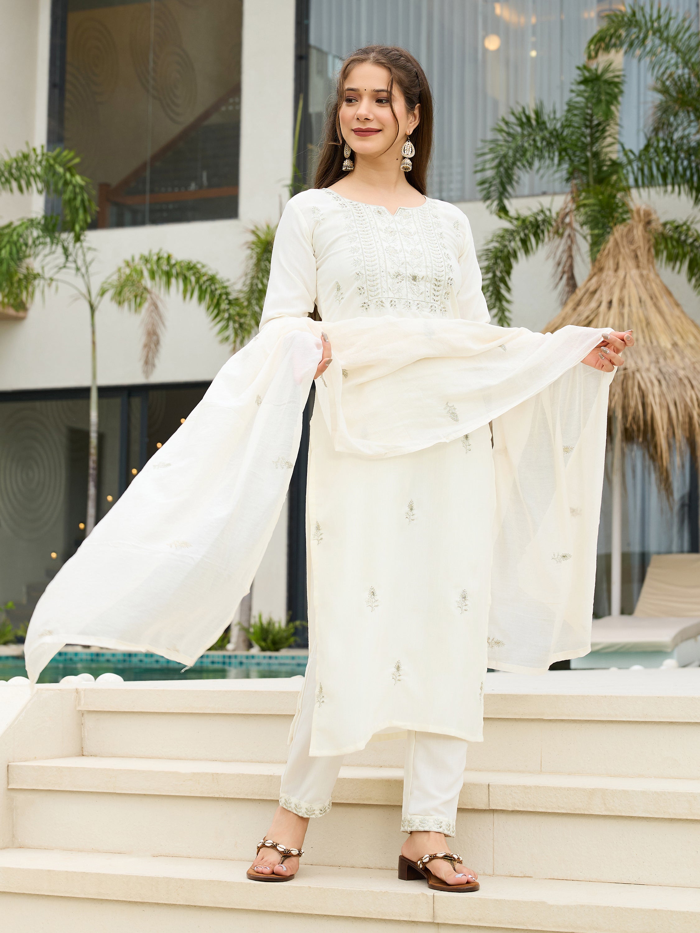 White Rayon Slub Kurta Pant Set With Thread Embroidered With Sequins Work