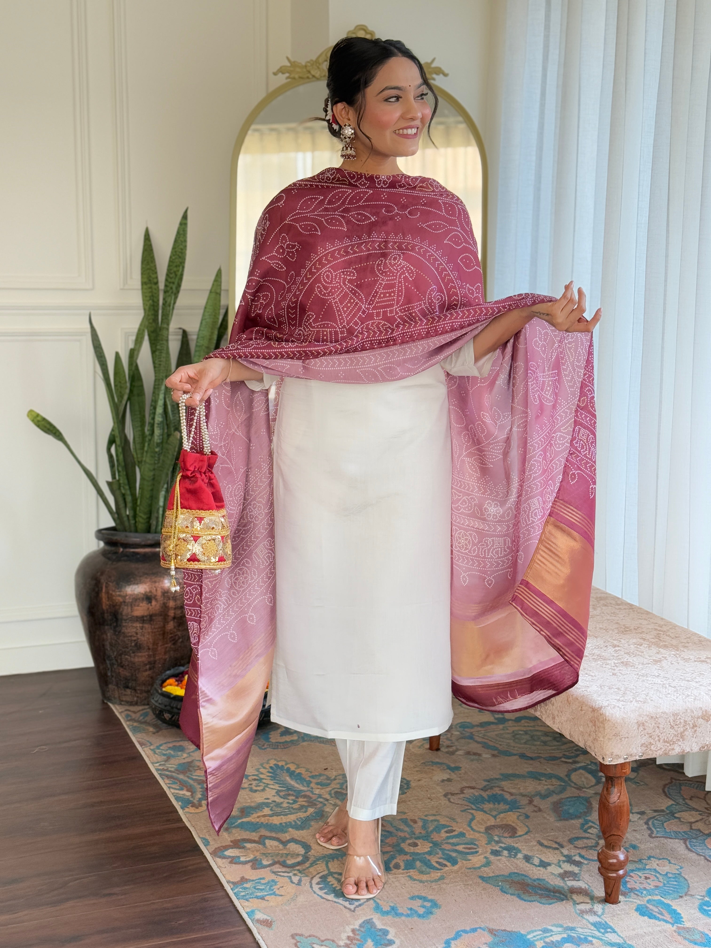 White Roman Silk Elegant Kurta Pant Set With Embroidery Work