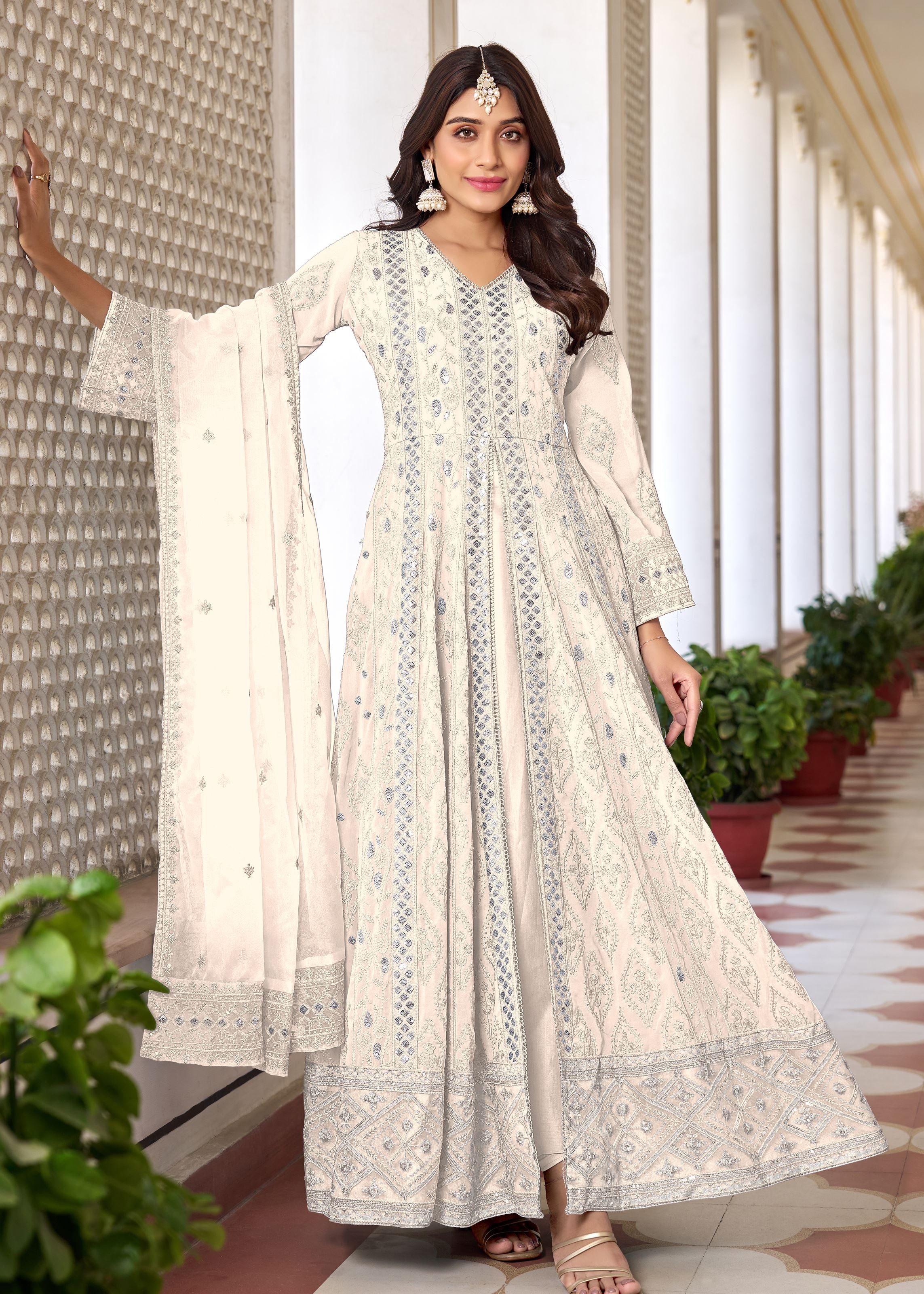 White Salwar Kameez with Heavy Thread, Zari and Sequance Embroidered Work