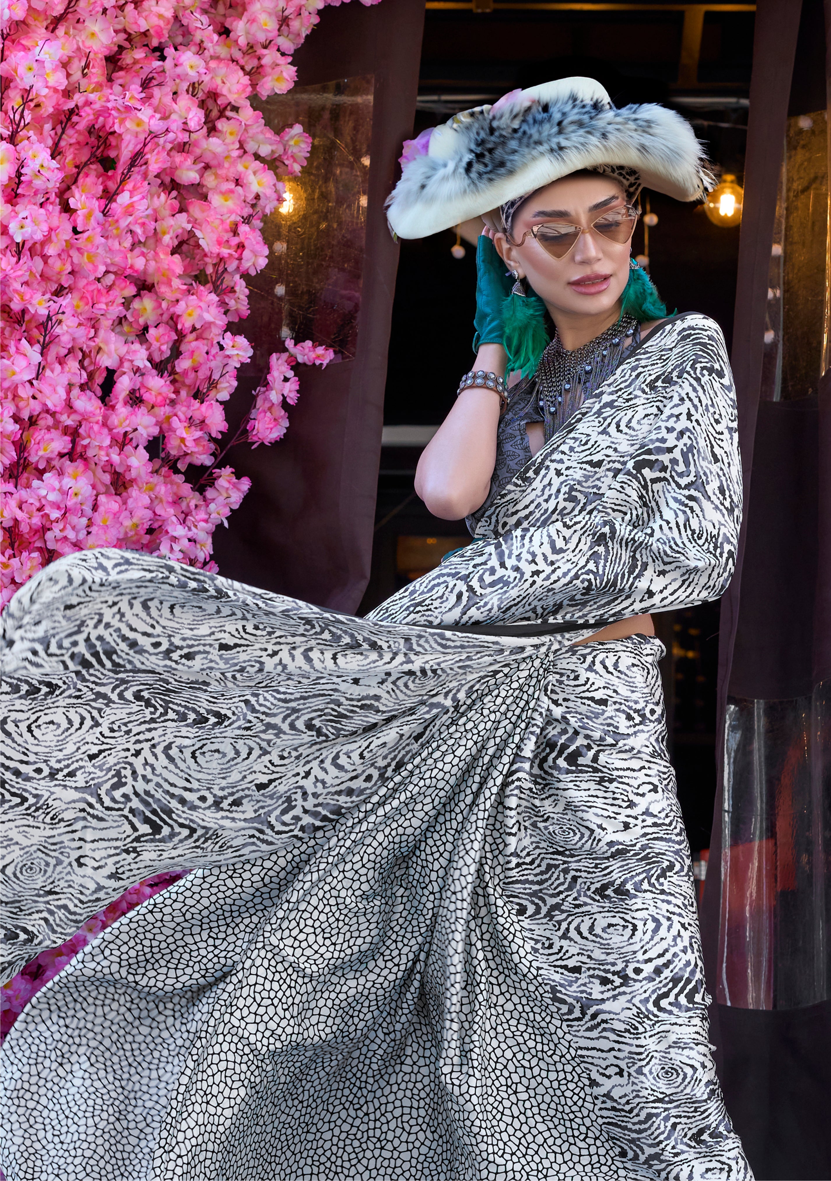 White Satin Saree With Digital Print