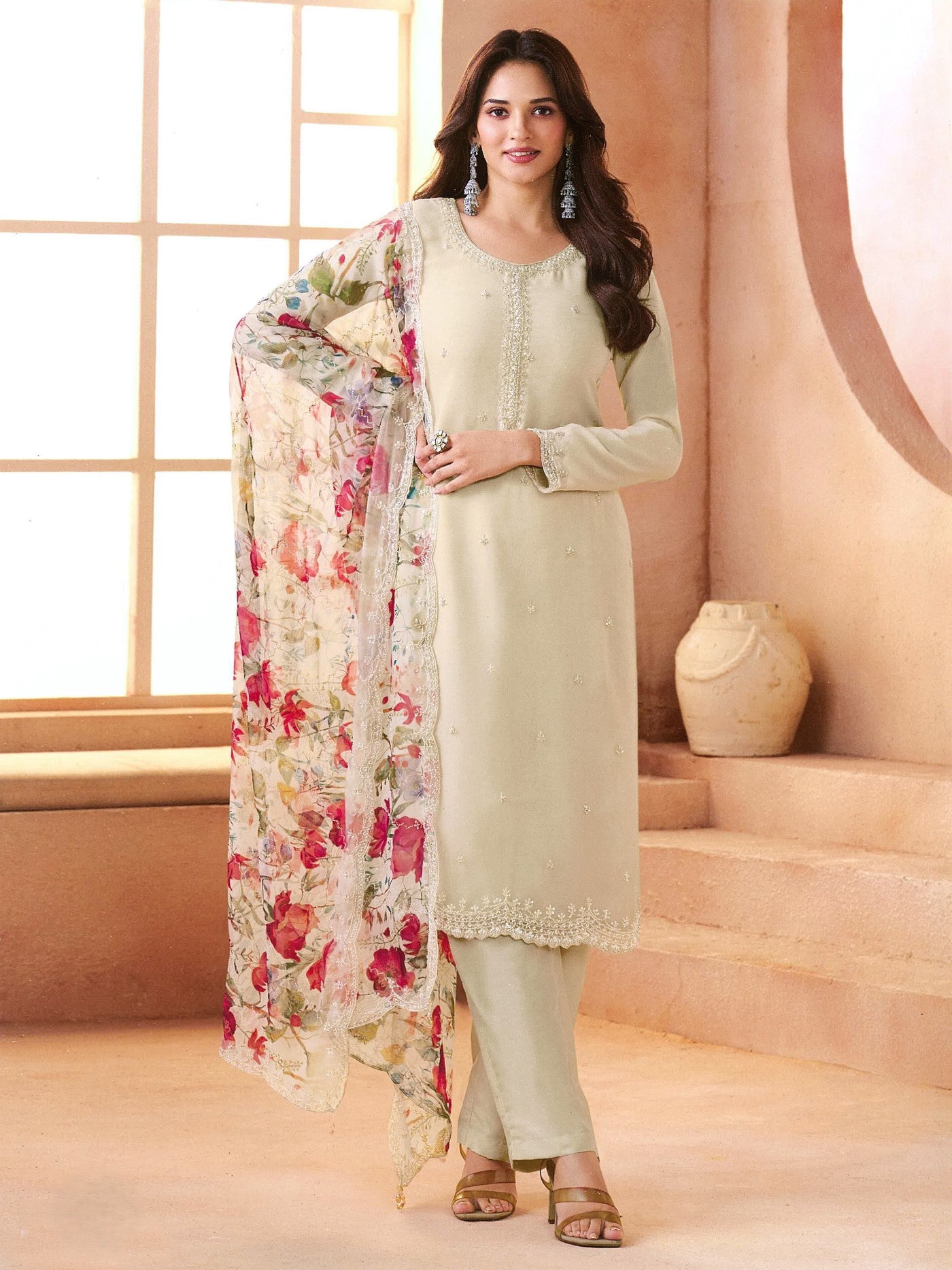 White Siffon Designer Suit Set With Elegant Embroidery