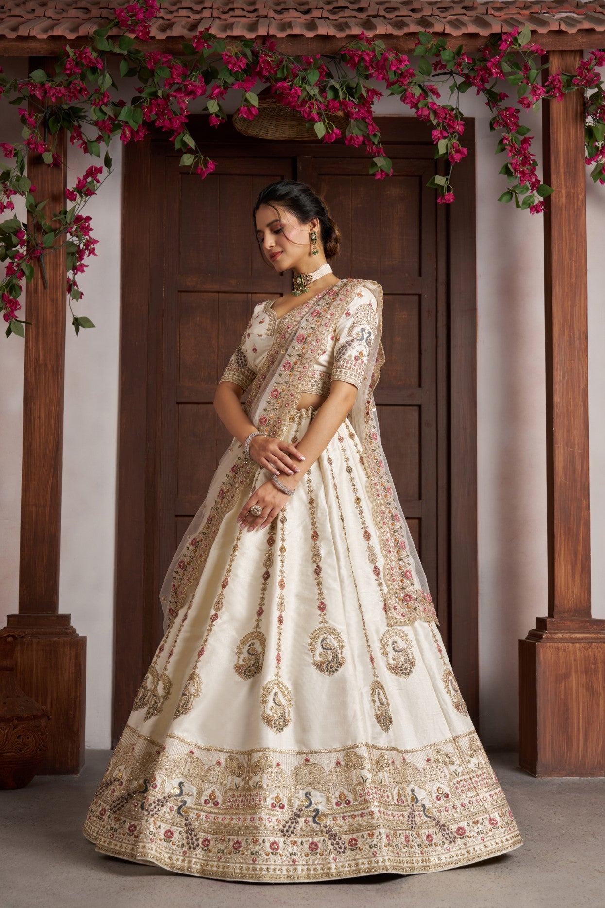 White Silk Peacock Embroidered Designer Bridal Lehenga Choli