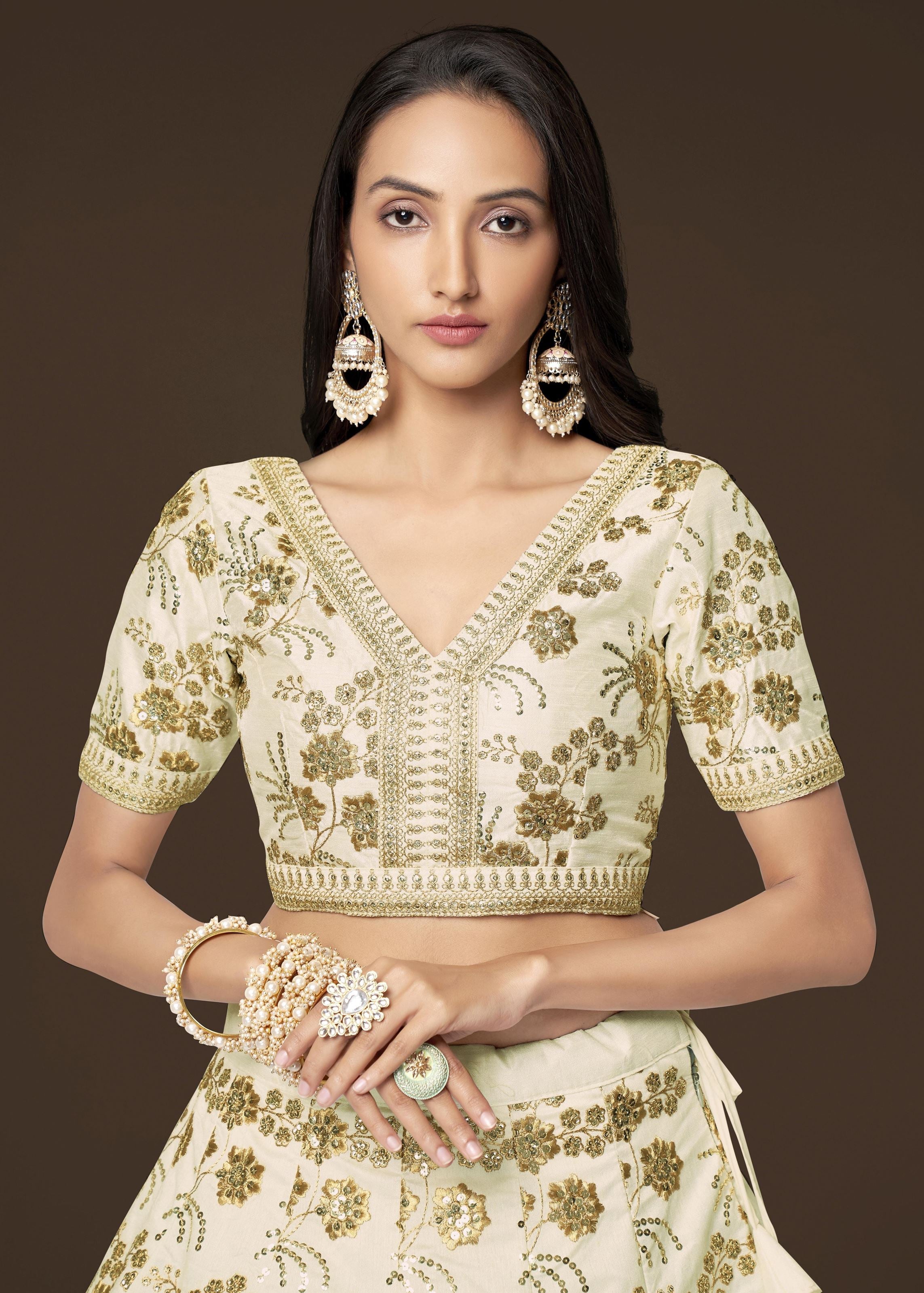 White Slub Silk Lehenga Choli With Zari Sequins and Dori Embroidery Work