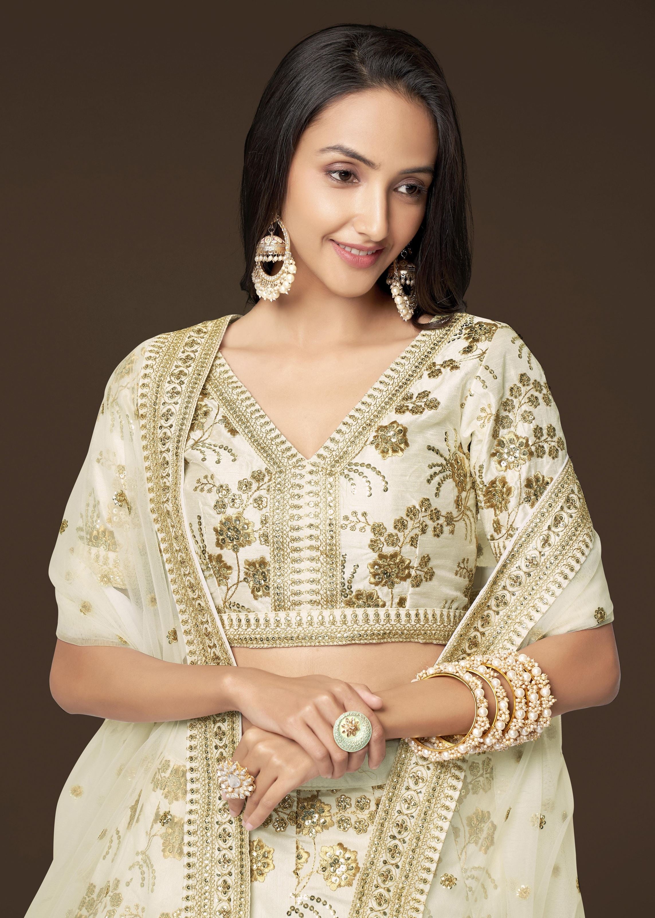White Slub Silk Lehenga Choli With Zari Sequins and Dori Embroidery Work