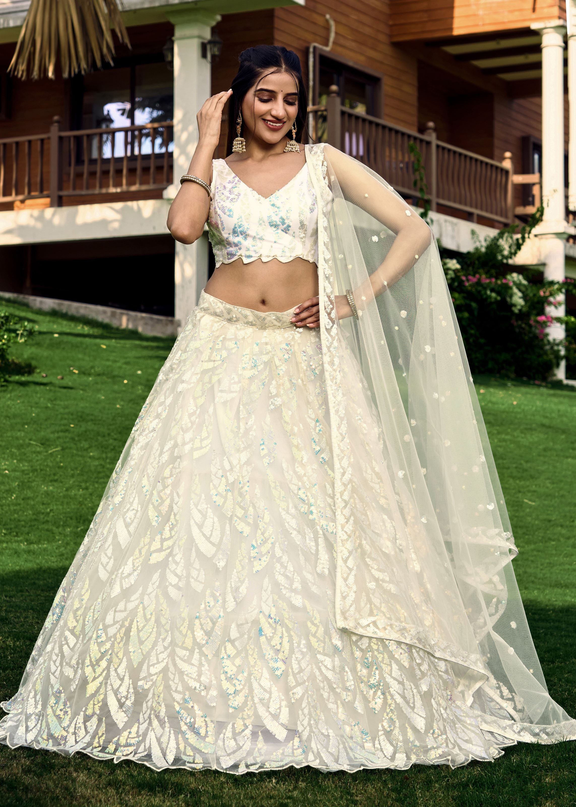 White Soft Net Lehenga Choli With Multiple Sequins, Thread Embroidery Work