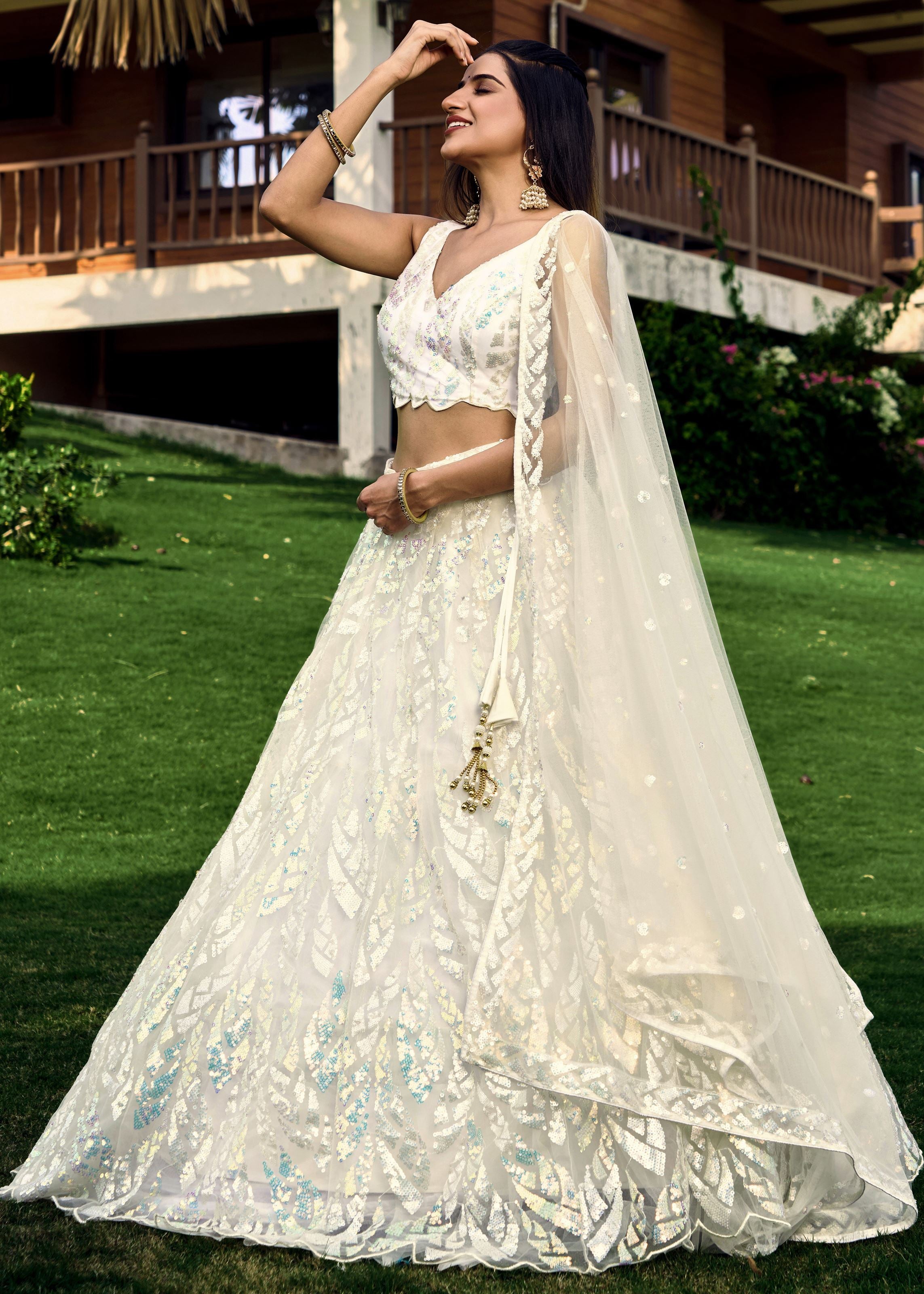 White Soft Net Lehenga Choli With Multiple Sequins, Thread Embroidery Work