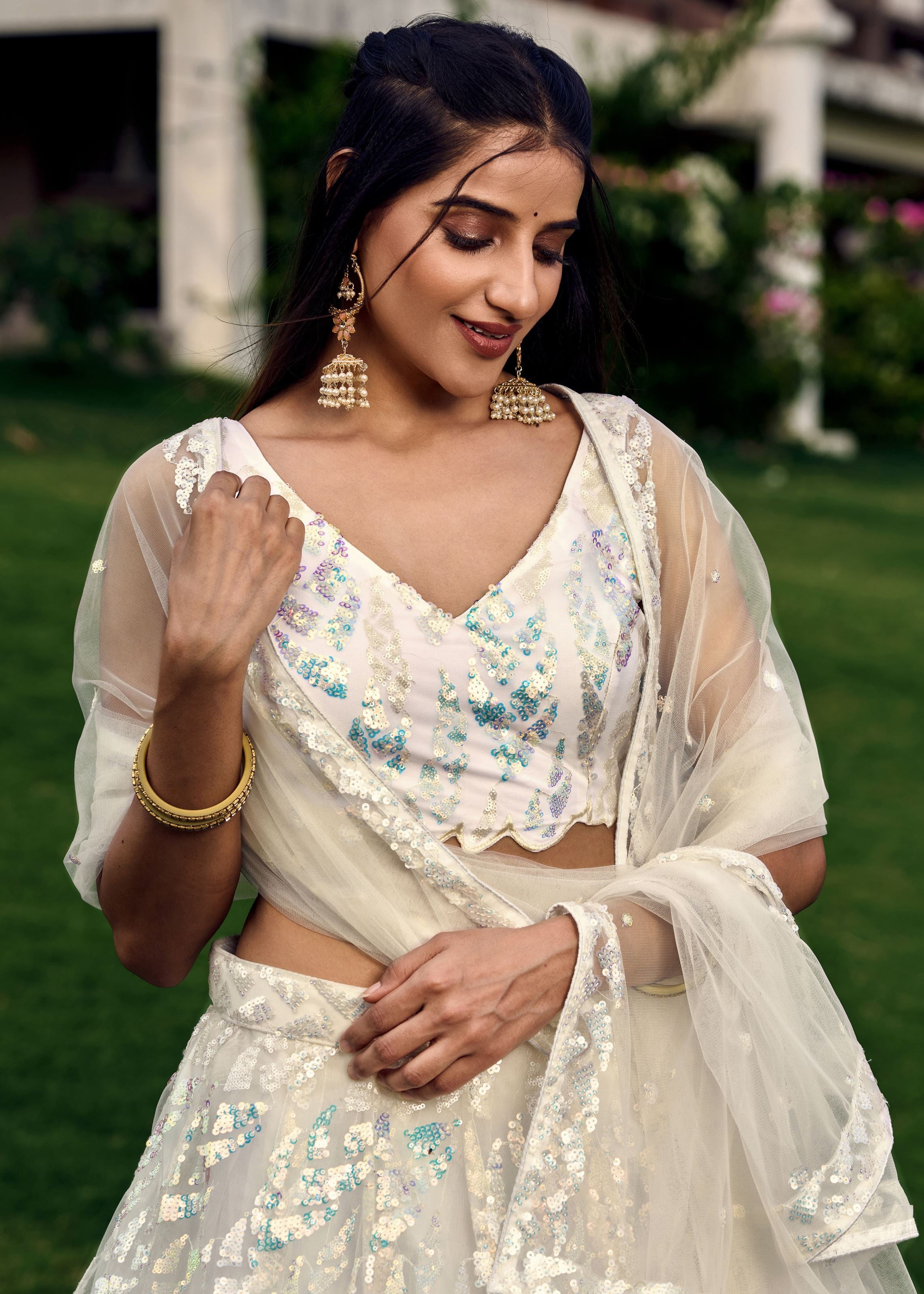 White Soft Net Lehenga Choli With Multiple Sequins, Thread Embroidery Work