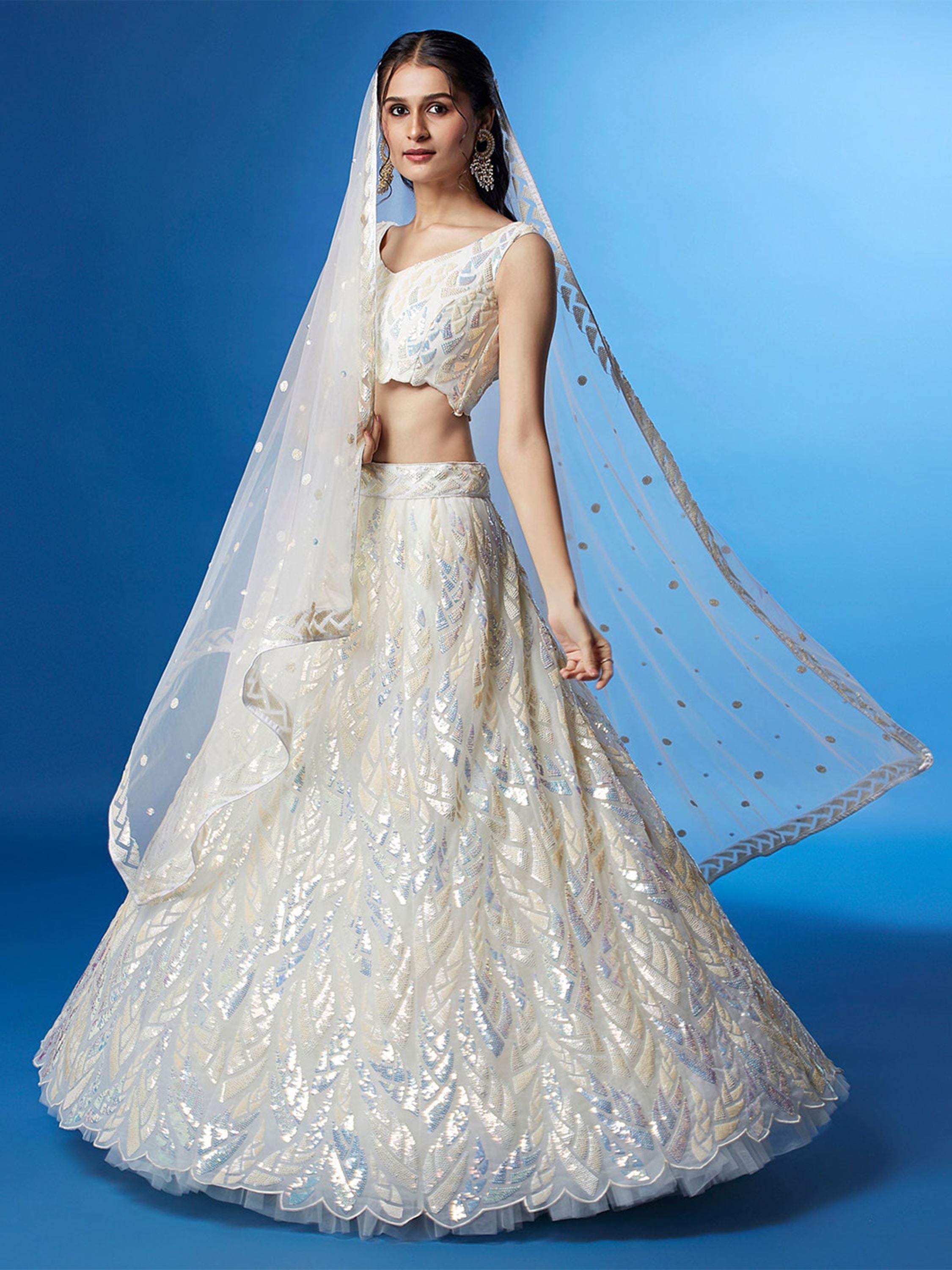 White Soft Net Lehenga Choli With Multiple Sequins, Thread Embroidery Work