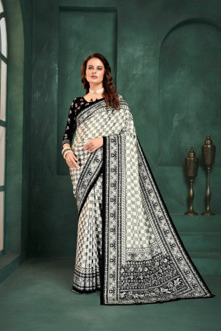 White Sophisticated Position Digital Foil Printed Crepe Silk Saree