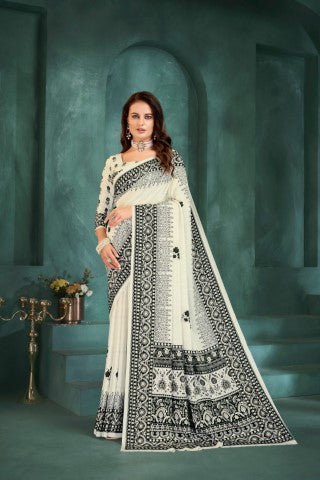 White Sophisticated Position Digital Foil Printed Crepe Silk Saree