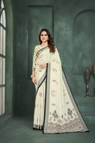 White Sophisticated Position Digital Foil Printed Crepe Silk Saree