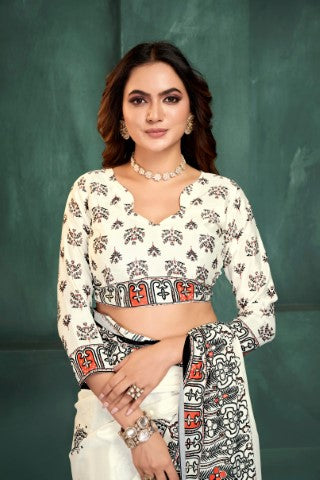 White Sophisticated Position Digital Foil Printed Crepe Silk Saree