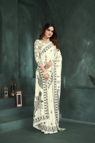 White Sophisticated Position Digital Foil Printed Crepe Silk Saree
