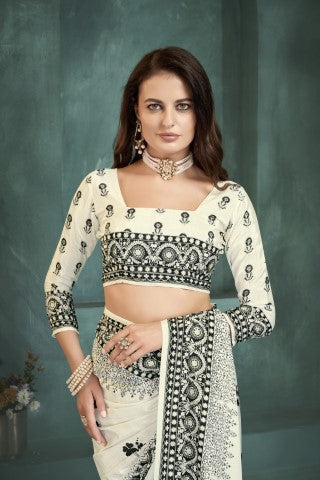 White Sophisticated Position Digital Foil Printed Crepe Silk Saree