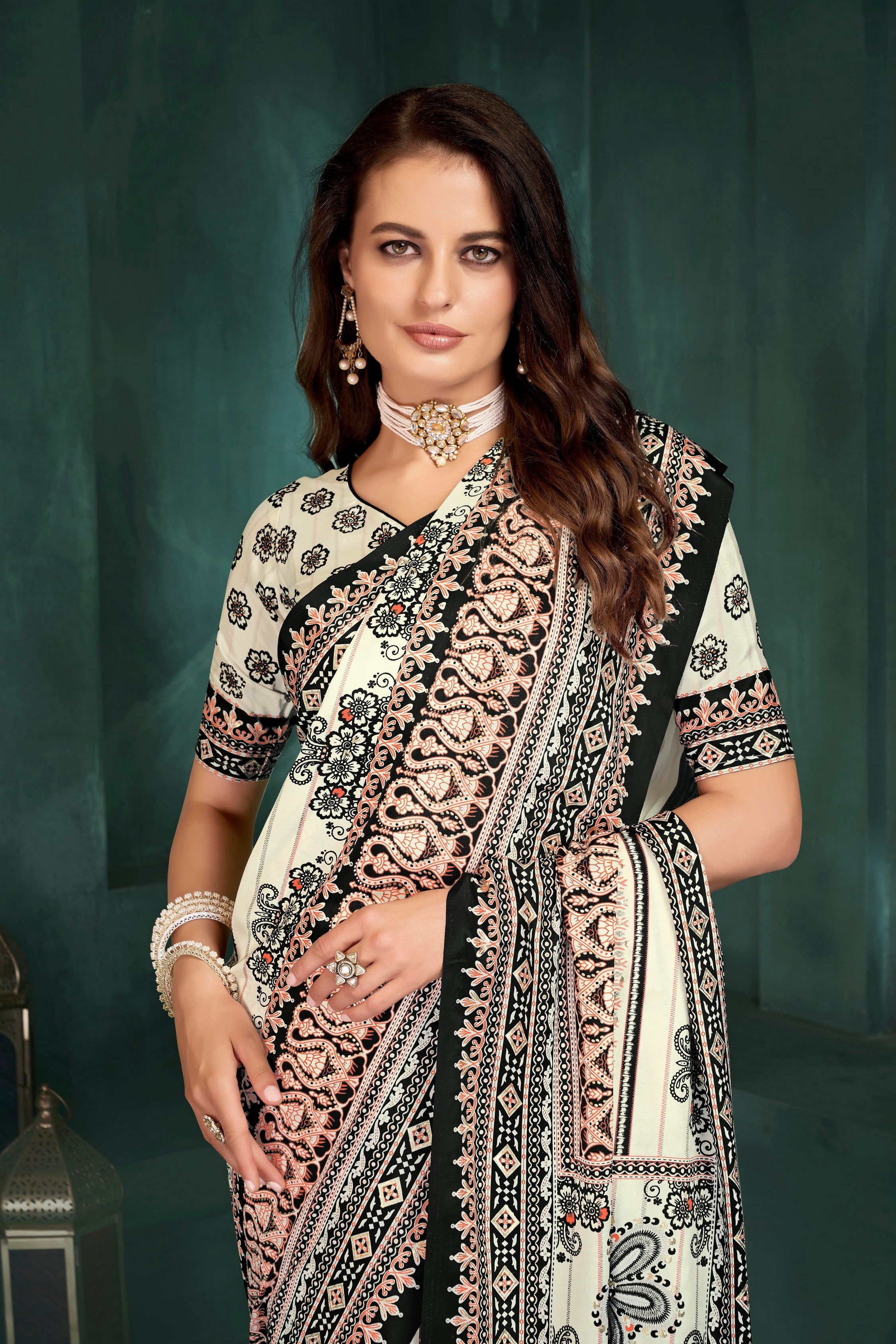 White Sophisticated Position Digital Foil Printed Crepe Silk Saree