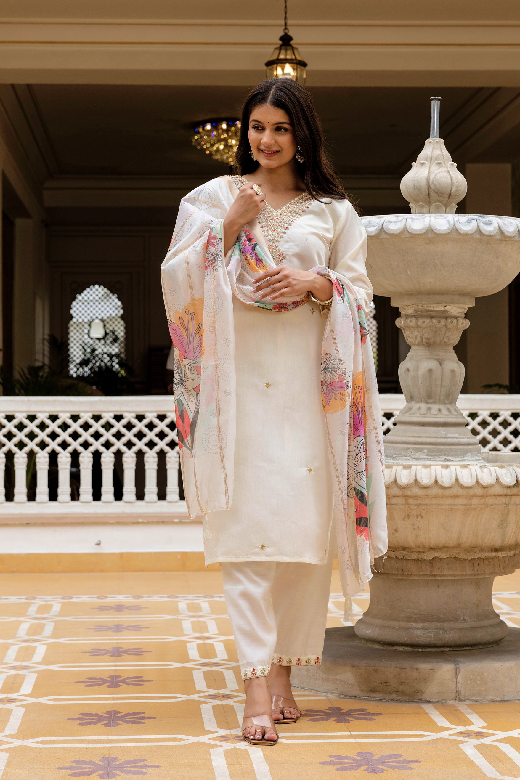 White Viscose Chanderi Kurta Pant Set With Thread Embroidered With Beads Work With Printed Dupatta