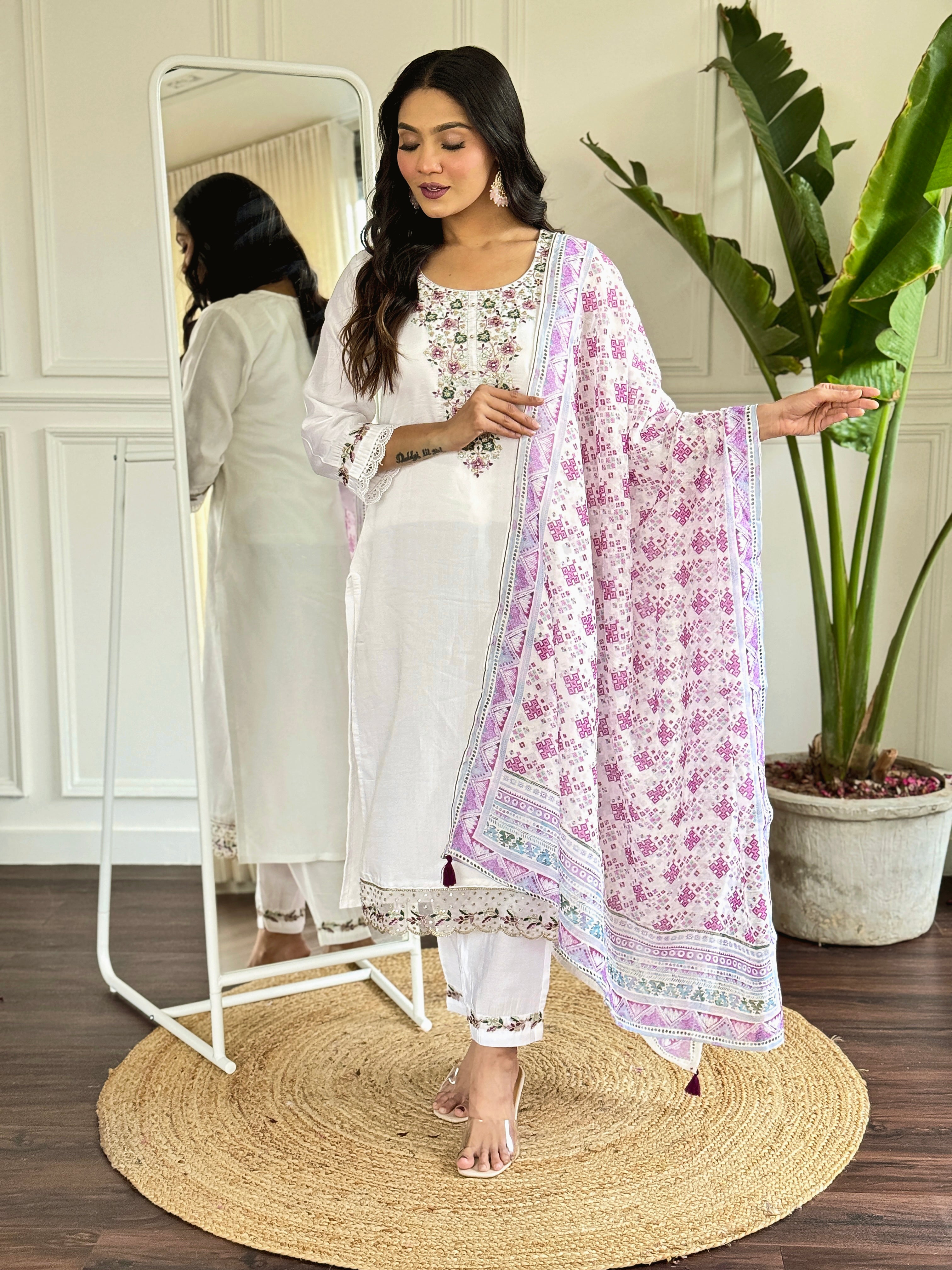 White Viscose Chanderi Kurta Pant With Heavy Thread Embroidery