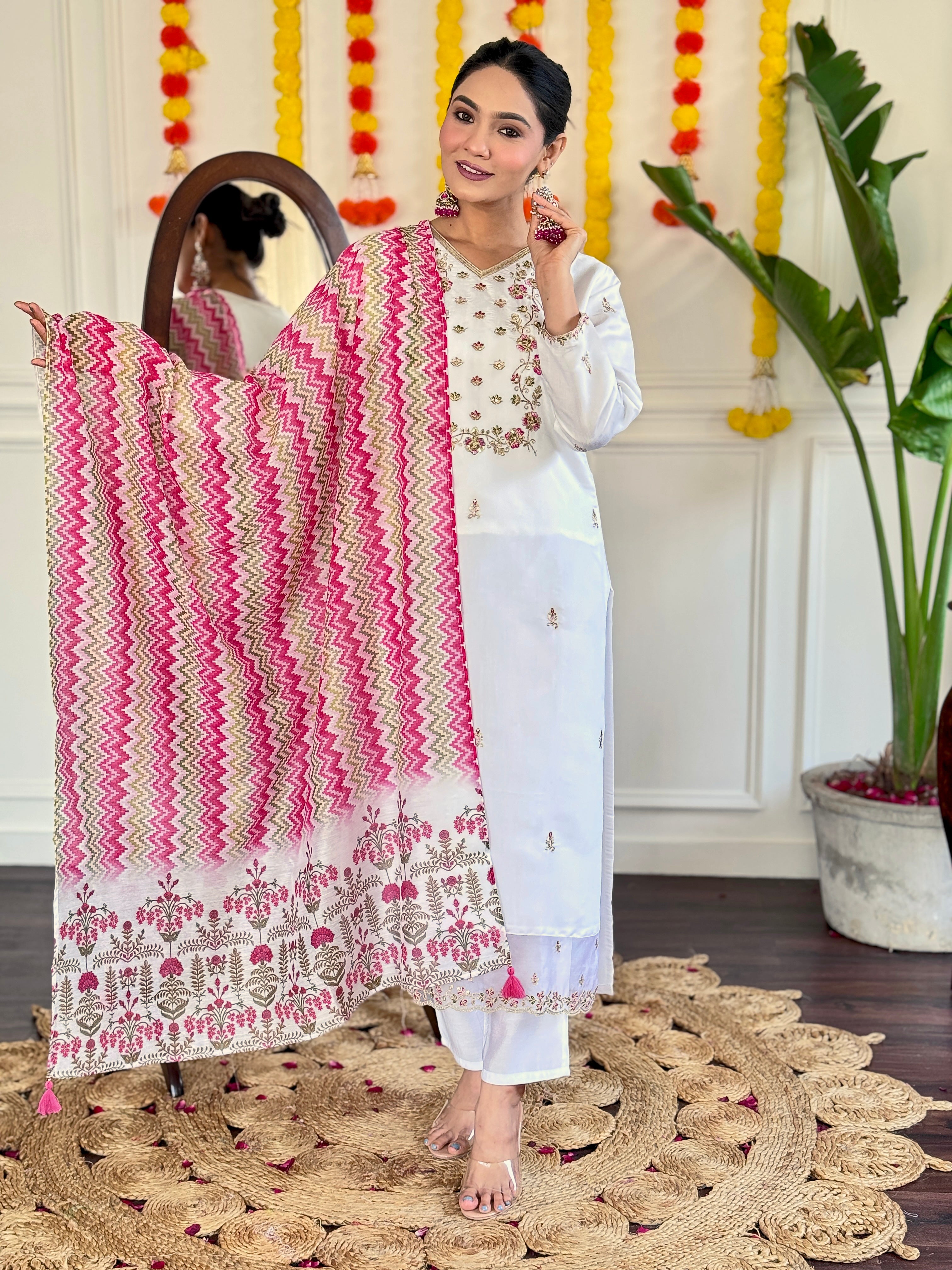 White Viscose Chanderi Kurta Pant With Heavy Thread Embroidery