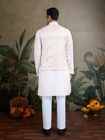 White Viscose Silk Ceremonial Kurta with Jacket
