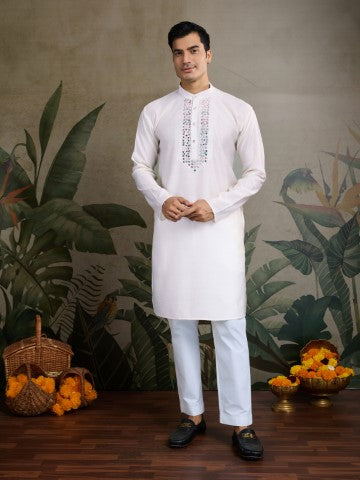 White Viscose Silk Ceremonial Kurta with Jacket