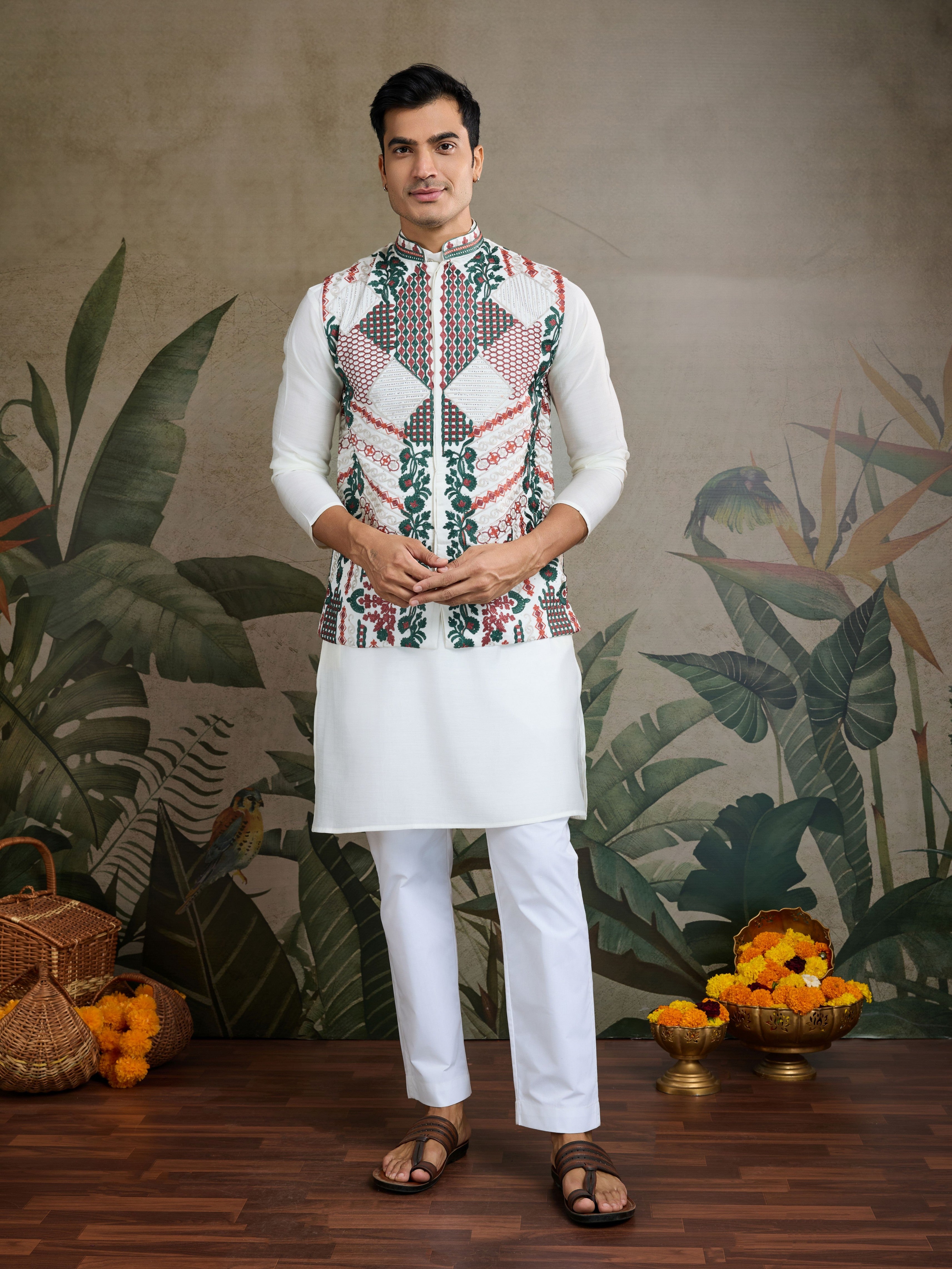 White Viscose Silk Kurta with Swarovski Embroidery &Jacket