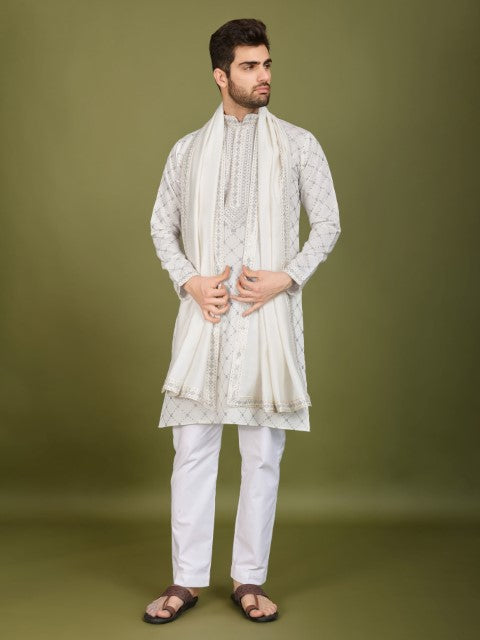 White Viscose Silk Thread & Sequins Embroidery Kurta with Dupatta
