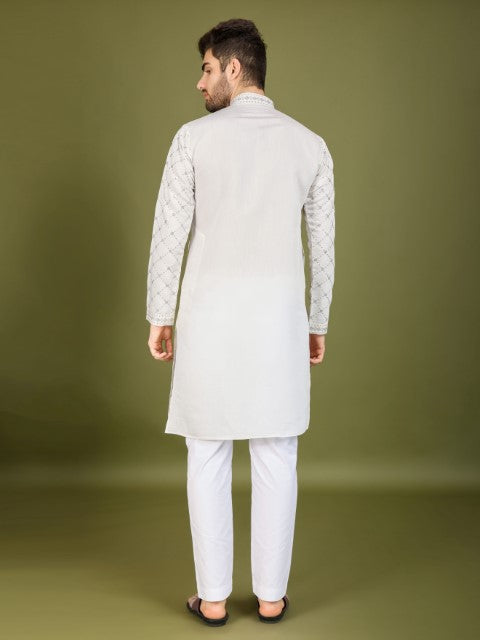 White Viscose Silk Thread & Sequins Embroidery Kurta with Dupatta
