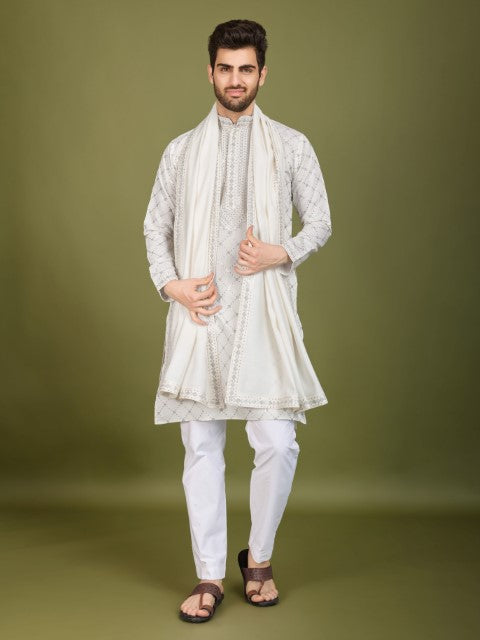 White Viscose Silk Thread & Sequins Embroidery Kurta with Dupatta
