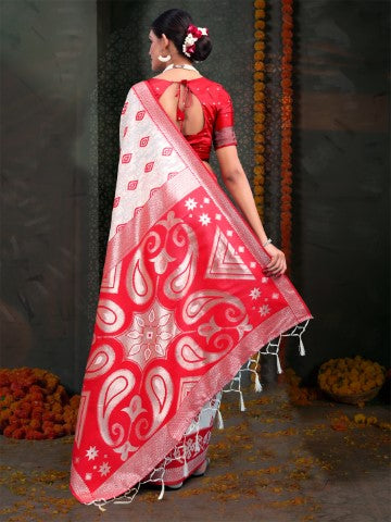 White & Red Linen Cotton Woven Jacquard Designer Saree