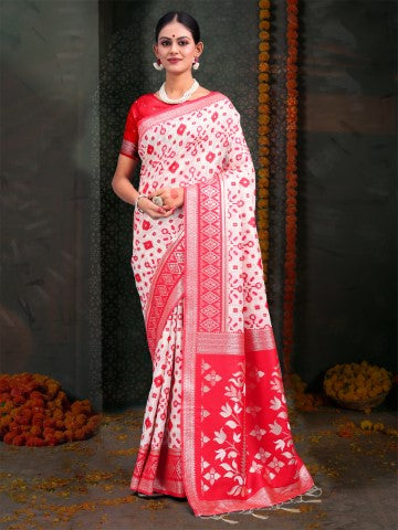 White & Red Linen Cotton Woven Jacquard Designer Saree