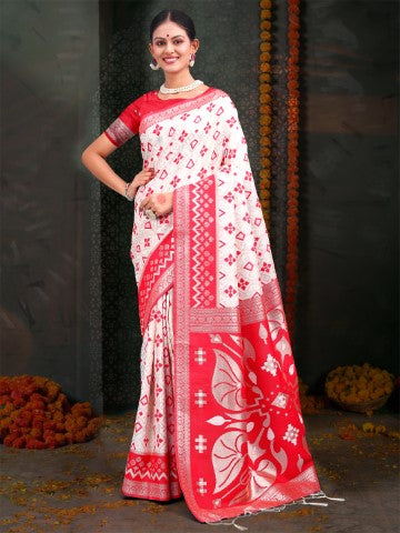 White & Red Linen Cotton Woven Jacquard Designer Saree