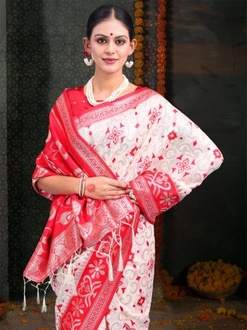 White & Red Linen Cotton Woven Jacquard Designer Saree