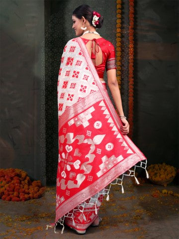 White & Red Linen Cotton Woven Jacquard Designer Saree
