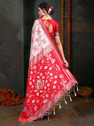 White & Red Linen Cotton Woven Jacquard Designer Saree