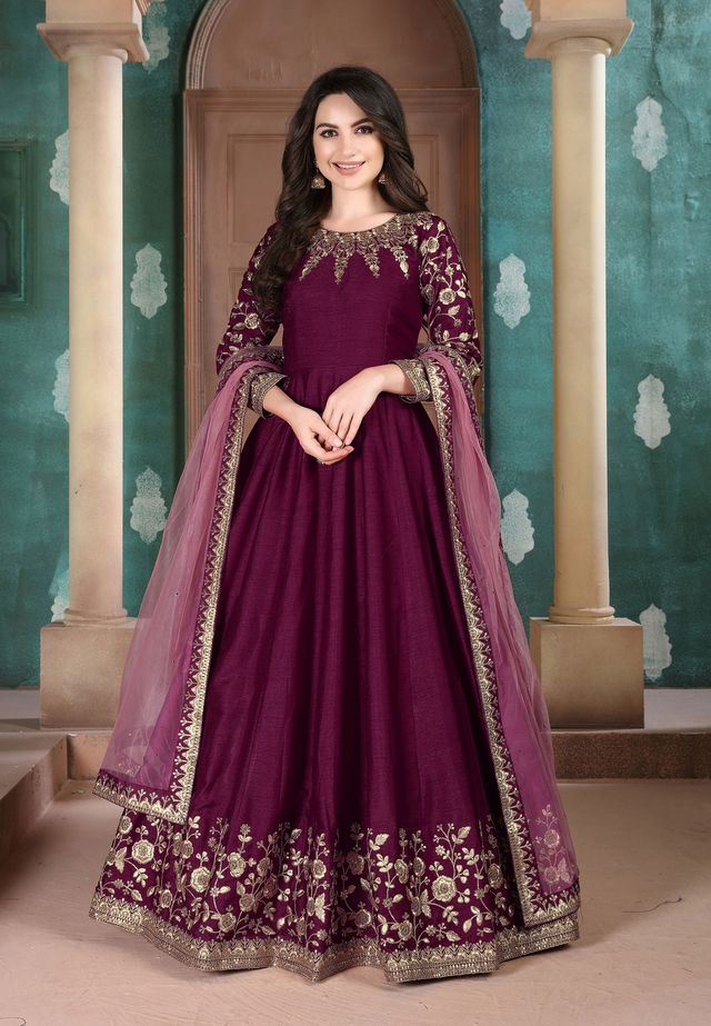 Wine Adda Silk Heavy Embroidery with Embroidered bordered Border Dupatta Anarkali Suits