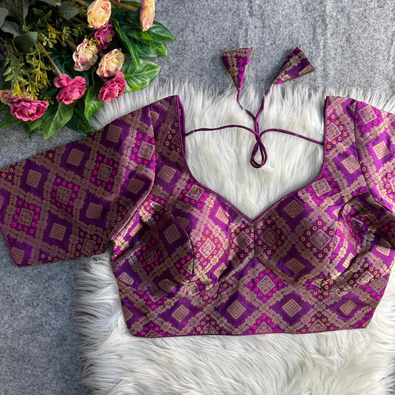 Wine Banarasi Jacquard Patola Designer Blouse Silk Partywear Readymade Blouse