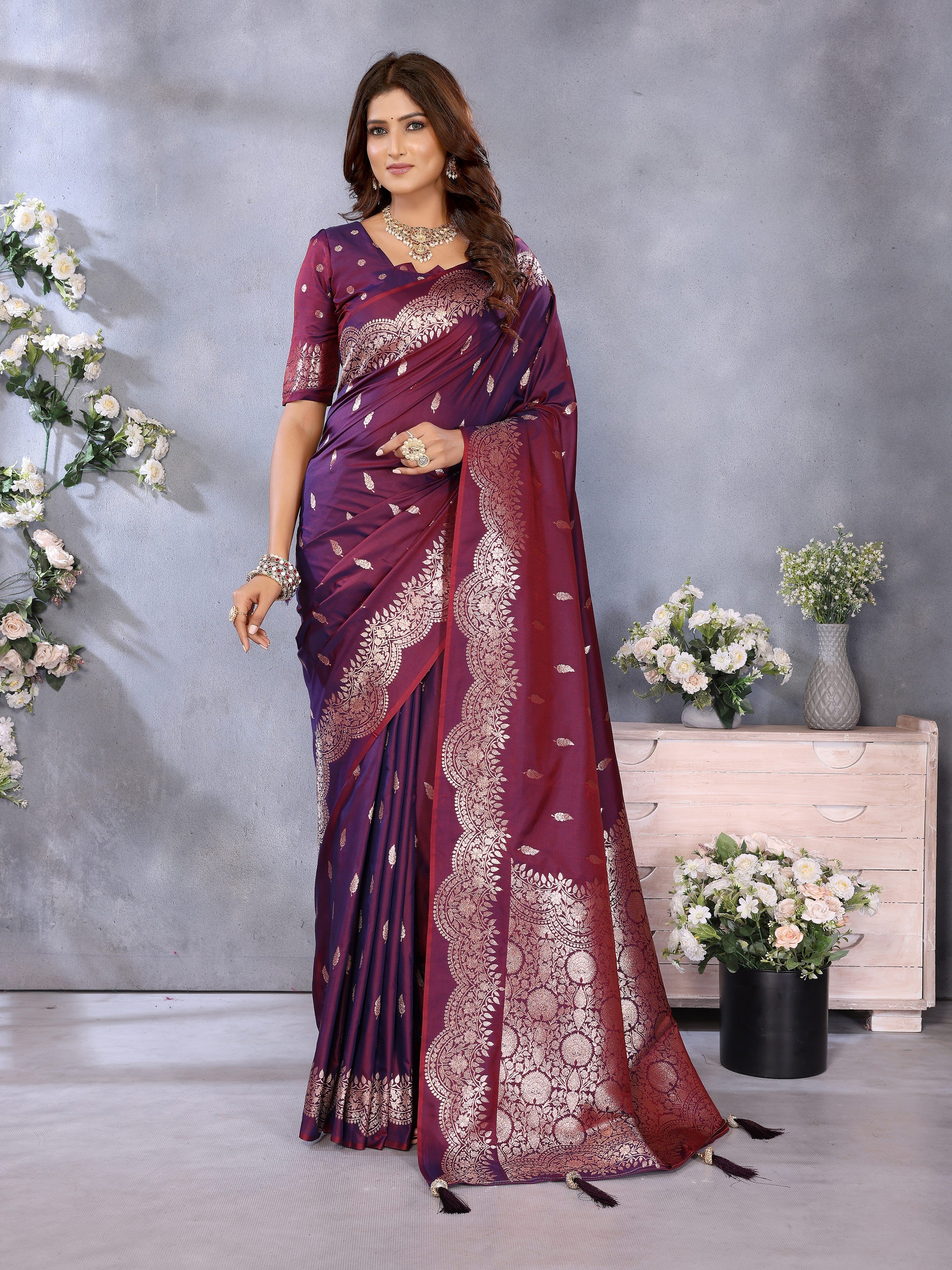 Wine Banarasi Silk Jacquard Weaving Designer Partywear Traditional Saree